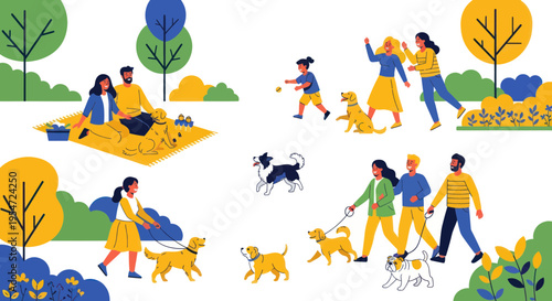 Happy People and Dogs Enjoying a Sunny Day in a Park