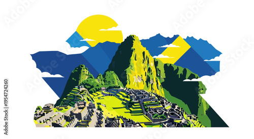 Machu Picchu ancient Inca citadel in Peru, Andes mountains, green terraces, sunny day, travel destination