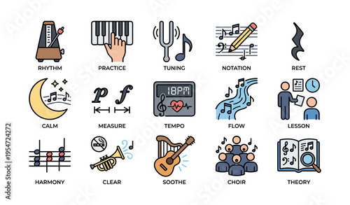 Musical concepts: rhythm, practice, instruments, and notes illustration