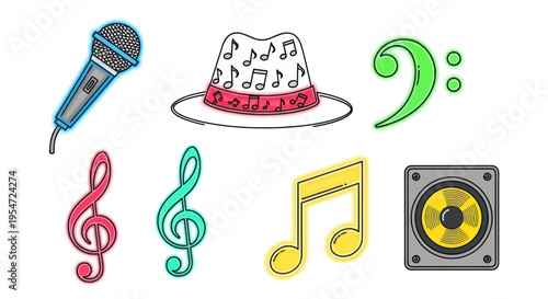 Music Elements: Microphone, Hat, Treble Clefs, Bass Clef, Notes, Speaker