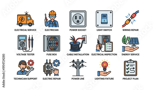 Electrical services icons set with electrician tools and equipment