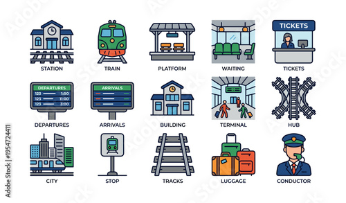 Train station elements: trains, tickets, platforms, tracks, and more