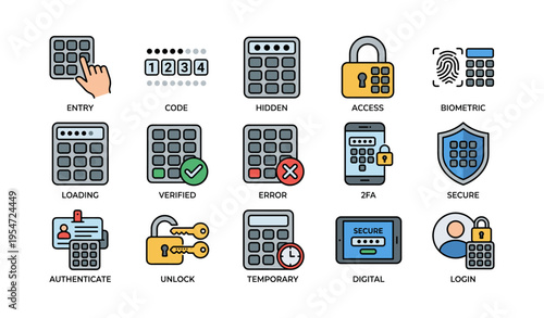 Security icons set featuring code entry, biometrics, and digital authentication