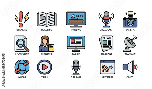 Media icons set: news, broadcast, online, camera, microphone, satellite