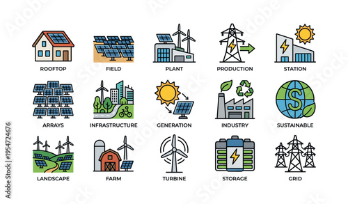 Renewable energy icons: solar, wind, infrastructure, sustainability, and technology