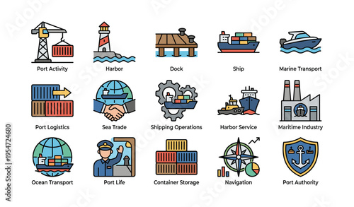 Maritime icons visualizing port activity and shipping operations