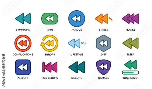 Colorful health and wellness icons representing various conditions and treatments