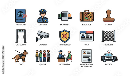 Immigration and border control icons: security, travel, and customs