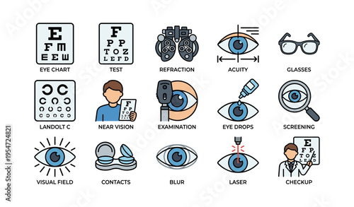 Eye care icons: vision testing, glasses, laser surgery, eye drops, contact lenses