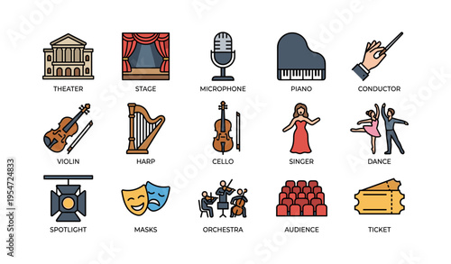 Theater elements and musical instruments icons featuring stage microphone and piano