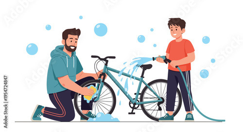 Two men washing a bicycle with a hose and sponge on a clean white background with blue bubbles.