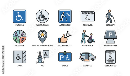 Accessibility and inclusive parking symbols for disabled persons assistance