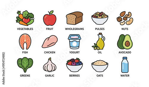 Illustration of healthy foods including vegetables, fruits, whole grains, and proteins