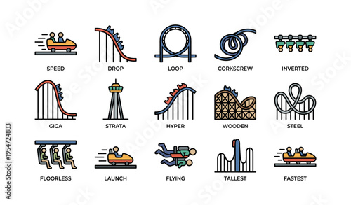 Colorful amusement park roller coasters with various thrilling designs and structures