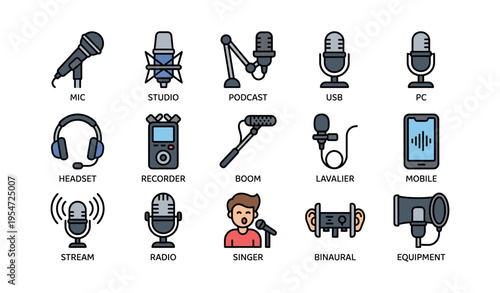 Audio equipment icons: microphones, headsets, recorders, and streaming tools