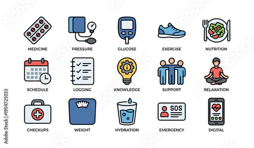 Health and wellness icons: medicine, exercise, nutrition, hydration, support, emergency