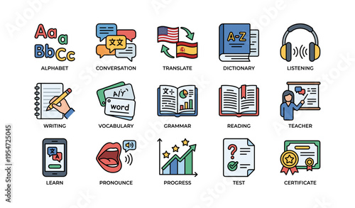 Illustrated language learning icons: alphabet, translate, dictionary, vocabulary, grammar, listening, reading, testing