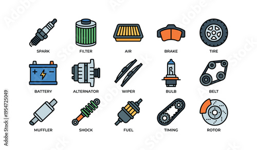 Illustrated icons of essential automobile parts for maintenance and repair