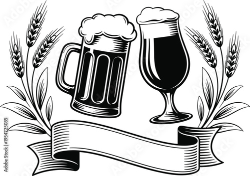 Vintage Black and White Beer Illustration Featuring Frothy Mugs Wheat Stalks and Blank Ribbon Banner for Craft Brewery Logo Design Oktoberfest Festival and Pub Branding