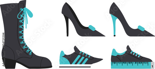 Set of 5 black and blue shoe vector illustrations