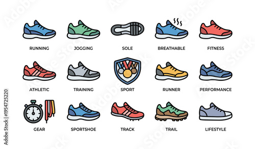 Collection of colorful athletic shoes and sport icons for running and training