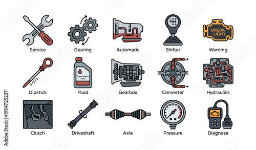 Car maintenance icons featuring tools, gears, and diagnostic symbols