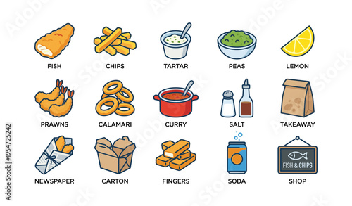 Classic british fish and chips: dishes and condiments in illustrations
