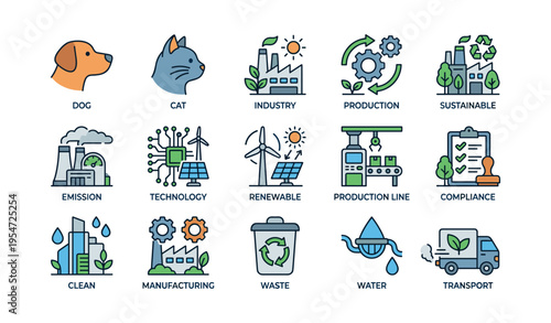 Colorful icons of animals, industry, and sustainability concepts