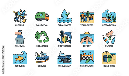 Environmental cleanup and conservation icons highlighting waste removal and volunteer efforts
