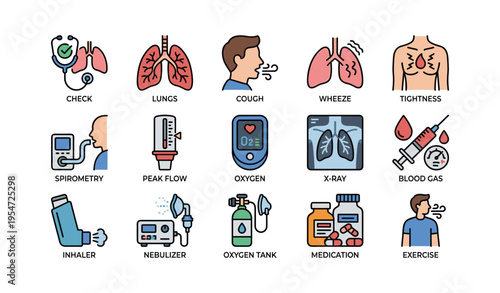 Respiratory health icons: medical devices and symptoms