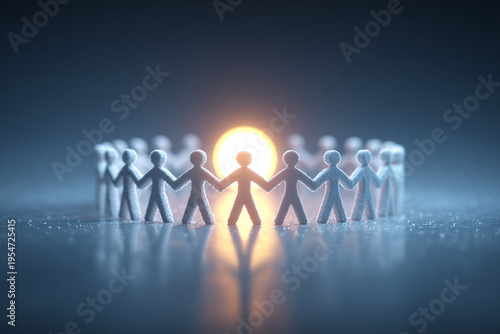 Miniature white human figures standing in a circle holding hands around a bright glowing light source symbolizing unity and community.