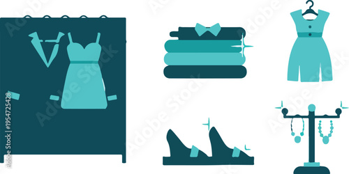 Set of 6 Teal Fashion and Clothing Icons Vector