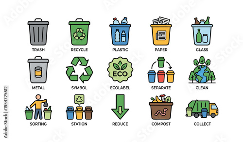 Recycling icons: trash, recycle, plastic, paper, glass, reduce, compost