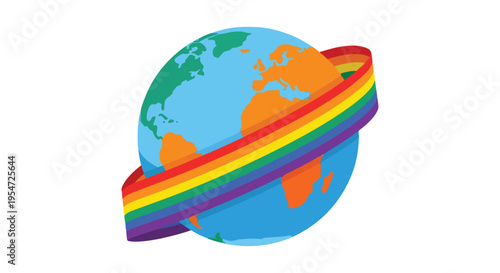 Illustration of a globe wrapped with a rainbow-colored ring on a white background, symbolizing diversity and inclusivity with vibrant colors.