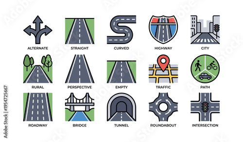 Diverse road icons featuring highway paths, tunnels, and urban intersections