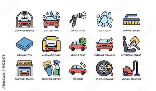 Car wash icon set: cleaning, maintenance, and service elements illustrated