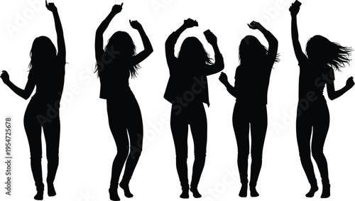 Dancing women silhouettes set, party girl figures, female dance poses, club nightlife people, music celebration concept, vector illustration collection