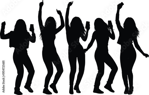 Dancing women silhouettes party set, female club poses with smartphone, music festival movement, nightlife girls, modern youth lifestyle, vector illustration