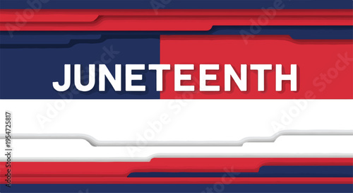 A graphic design featuring the word 'Juneteenth' in white text on a red, white, and blue horizontal stripe pattern with a clean white background.