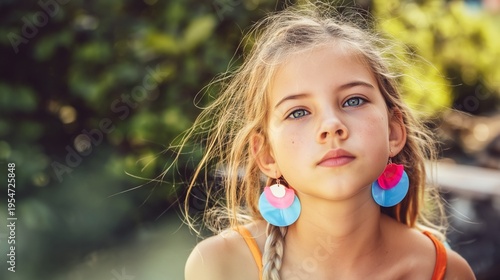 child wearing large statement earrings colorful plastic accessories extreme close up focus on earrings