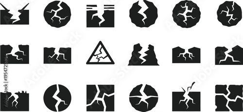 Crack fracture icon collection, broken surface vector set, damage warning symbol artwork, structural failure illustration design, flat vector illustration