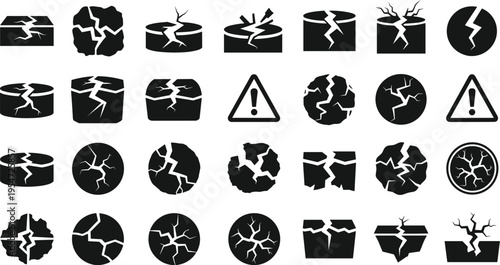 Crack fracture icon collection, broken surface vector set, damage warning symbol illustration,