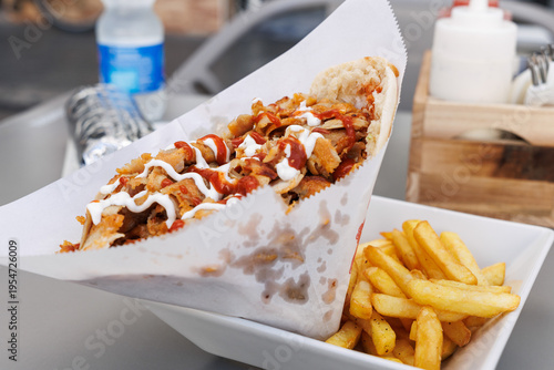 Primer plano de un kebab de pollo con salsa blanca y roja acompañado de patatas fritas