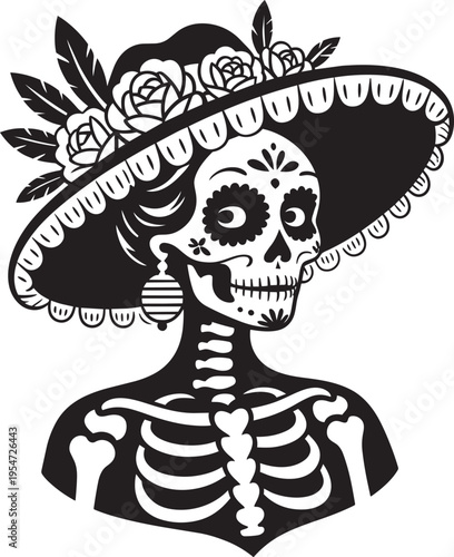 Day of the dead catrina skeleton silhouette wearing floral hat with feathers on transparent art