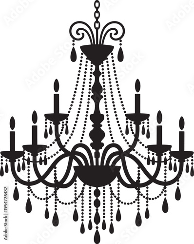 Elegant victorian chandelier silhouette with hanging crystals and candle lights on transparent