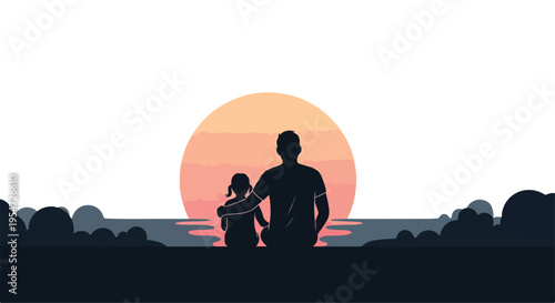 Silhouette of a man and child watching sunset over water with trees in the foreground.
