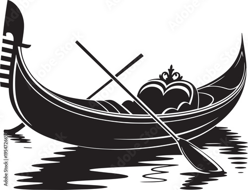 Venetian gondola black silhouette with oars and water ripples on checkered background