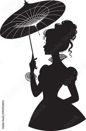 Victorian lady silhouette holding umbrella with elegant dress and hair on checkered background