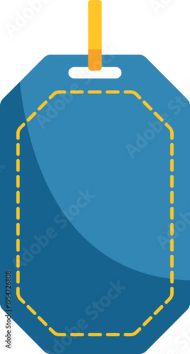 Blue blank sale tag with yellow stitching and cord, ready for custom text