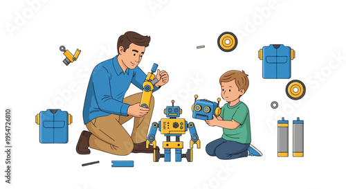 A man and a boy assembling a robot with various tools and parts scattered around them on a white background.